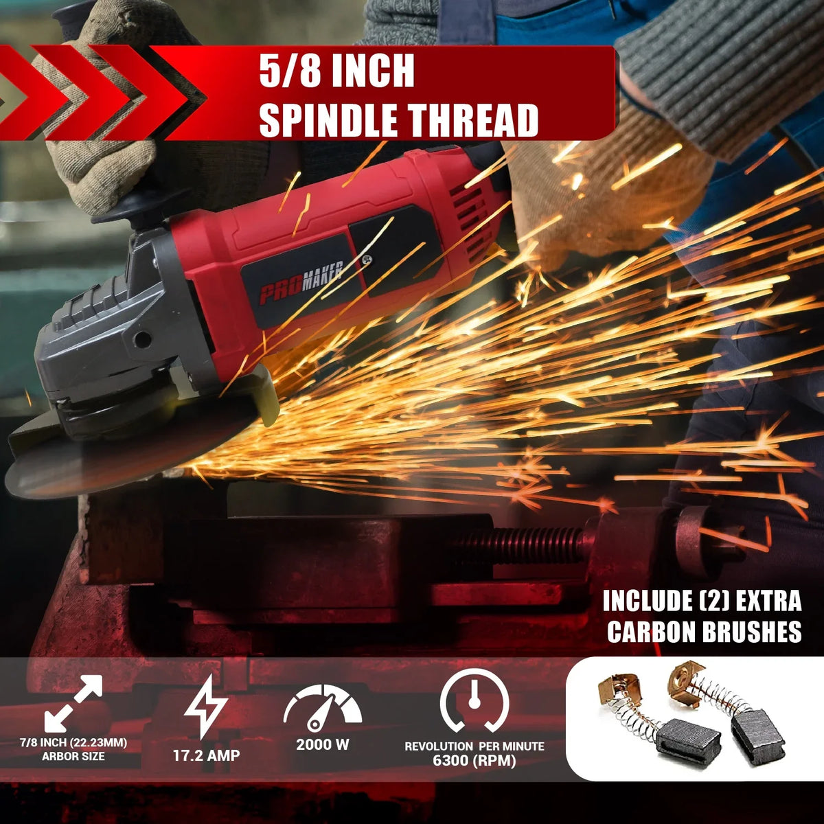 PROMAKER 9 inch Angle grinder, 17.2 AMP 6300 RPM, Heavy Duty Angle Grinder with two (2) extra Carbon brushes. Electric metal grinder tool with Soft Start Technology PRO-ES2009
