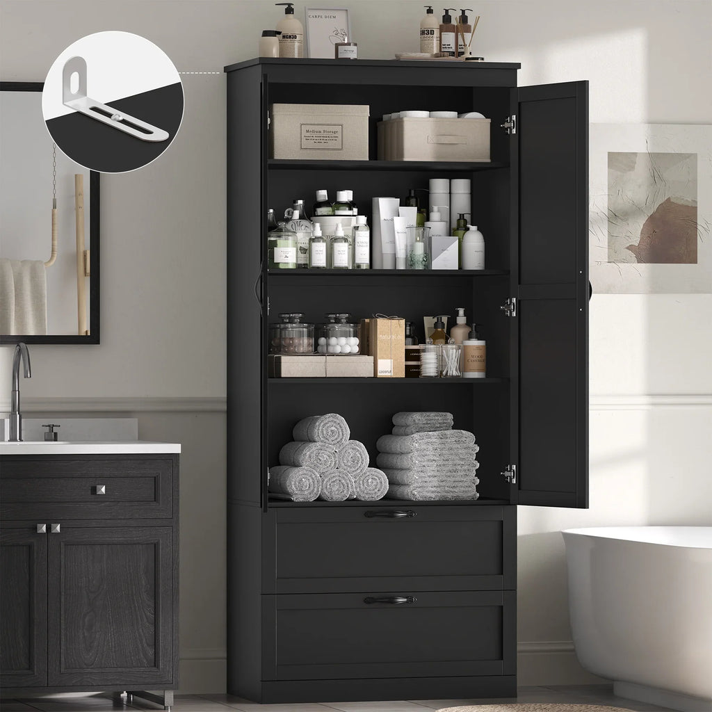 Homfa 70.3"H Bathroom Storage Cabinet, Farmhouse Linen Storage Cabinet with 2 Drawers, White