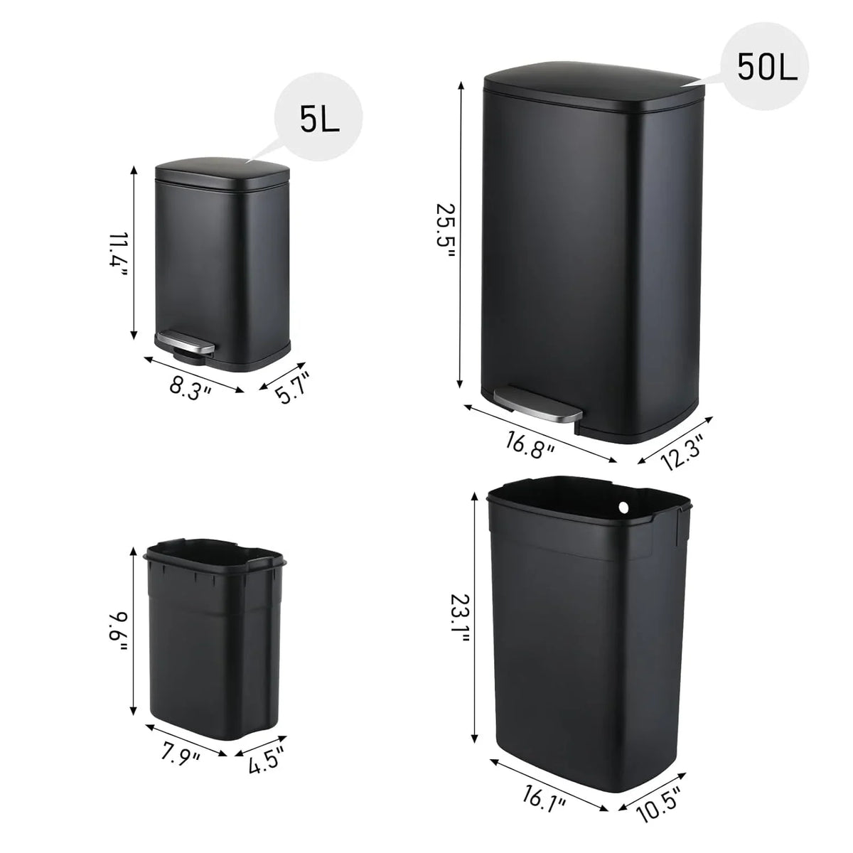 LAZY BUDDY 13.2 Gallon Stainless Steel Kitchen Trash Can with 1.3 Gallon Mini Trash Can, Rectangular Step Garbage Can with Lid