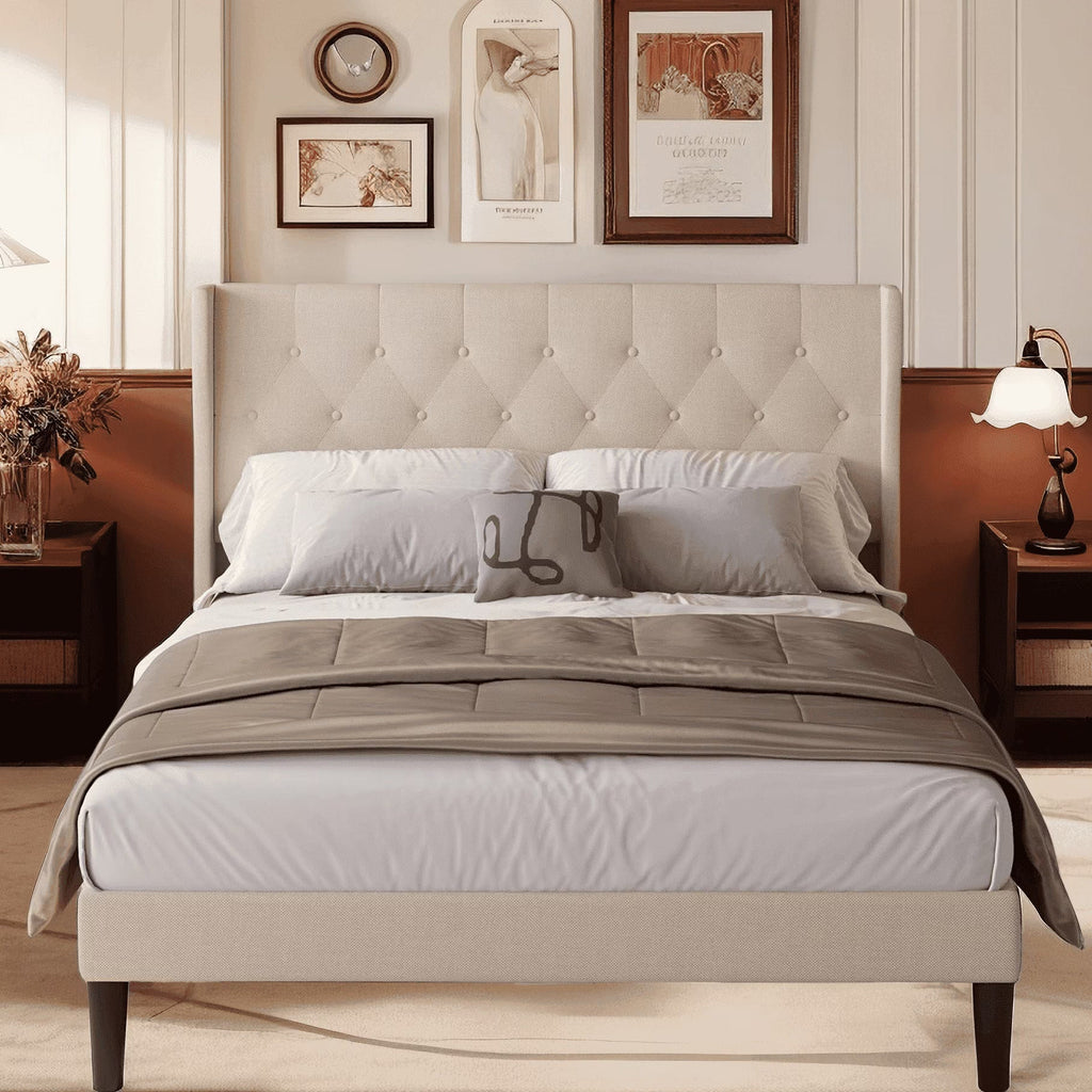 Full Size Bed Frame with Headboard, Under-Bed Storage, 850lbs, Beige