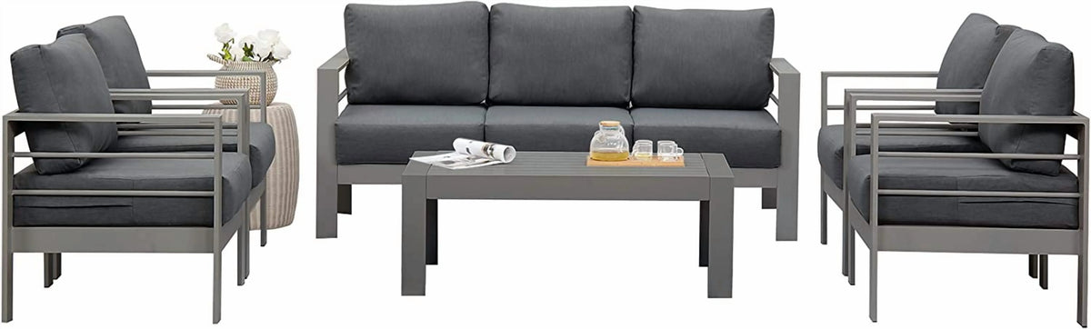 Superjoe Outdoor 3 Seats Patio Aluminum Sofa Furniture, Couch Gray Metal Chair with Cushions, Dark Grey