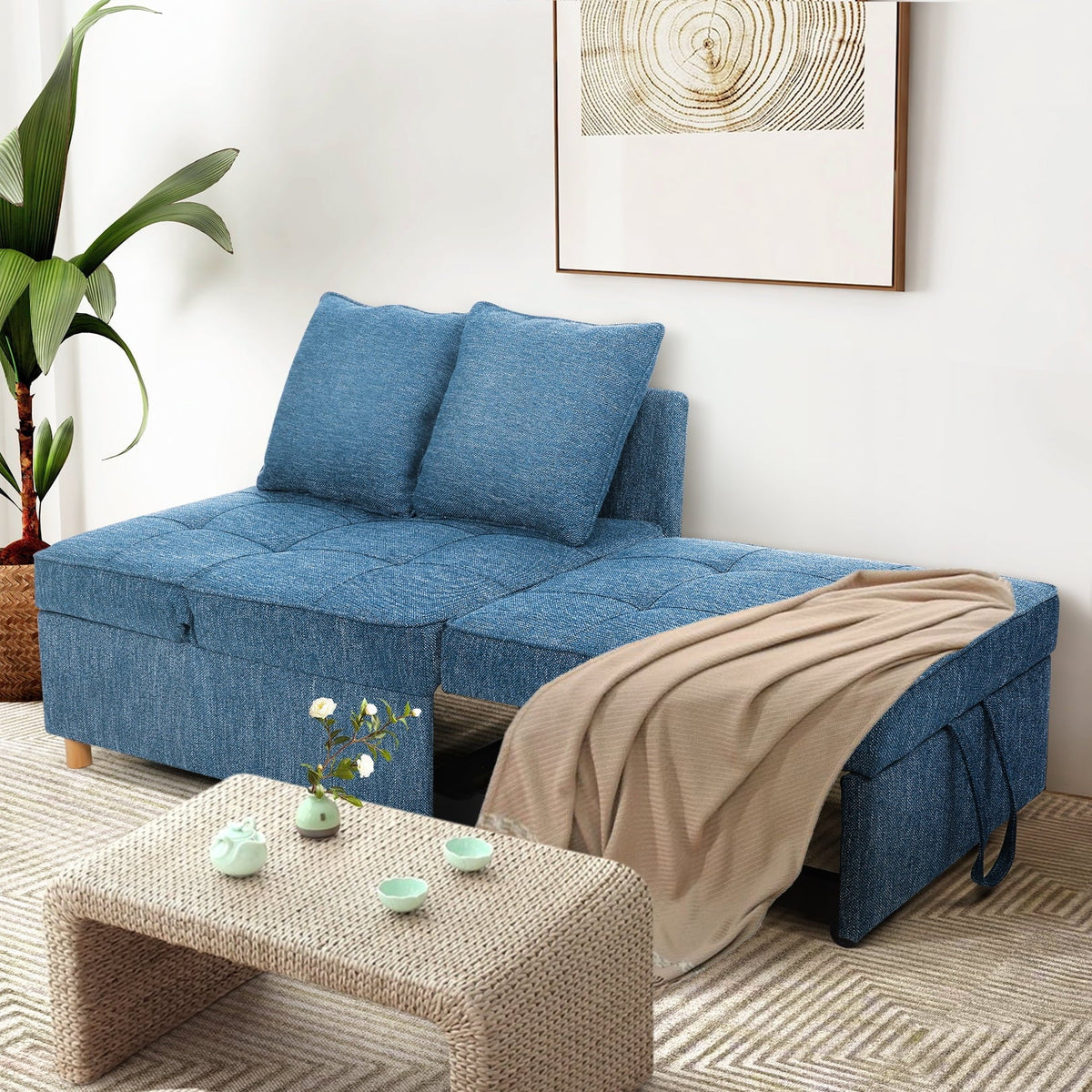 SEJOV 4-in-1 Convertible Sleeper Chair Bed, Linen Sofa Bed for Small Space, Futon Sofa with 2 Throw Pillows for Living Room, Single Recliner with 5 Adjustable Backrest for Bedroom Apartment, Brown