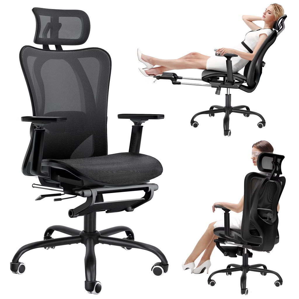 EVMORE Ergonomic Office Chair, Computer Desk Chair with Lumbar Support, Adjustable Headrest, and Breathable Mesh Back - 400 lbs Capacity, Black(with Footrest/3D Armrest)