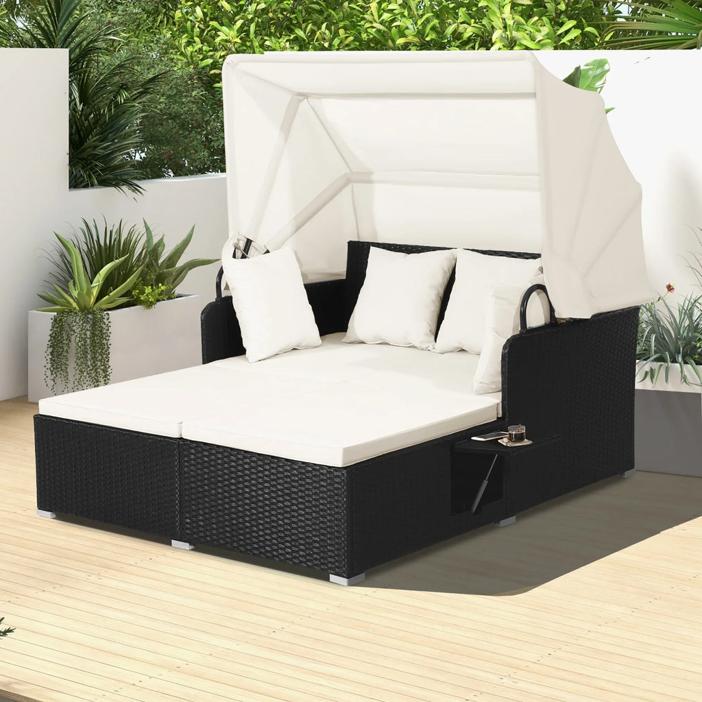 Costway Patio Rattan Daybed Lounge Retractable Top Canopy Side Tables Cushions Red