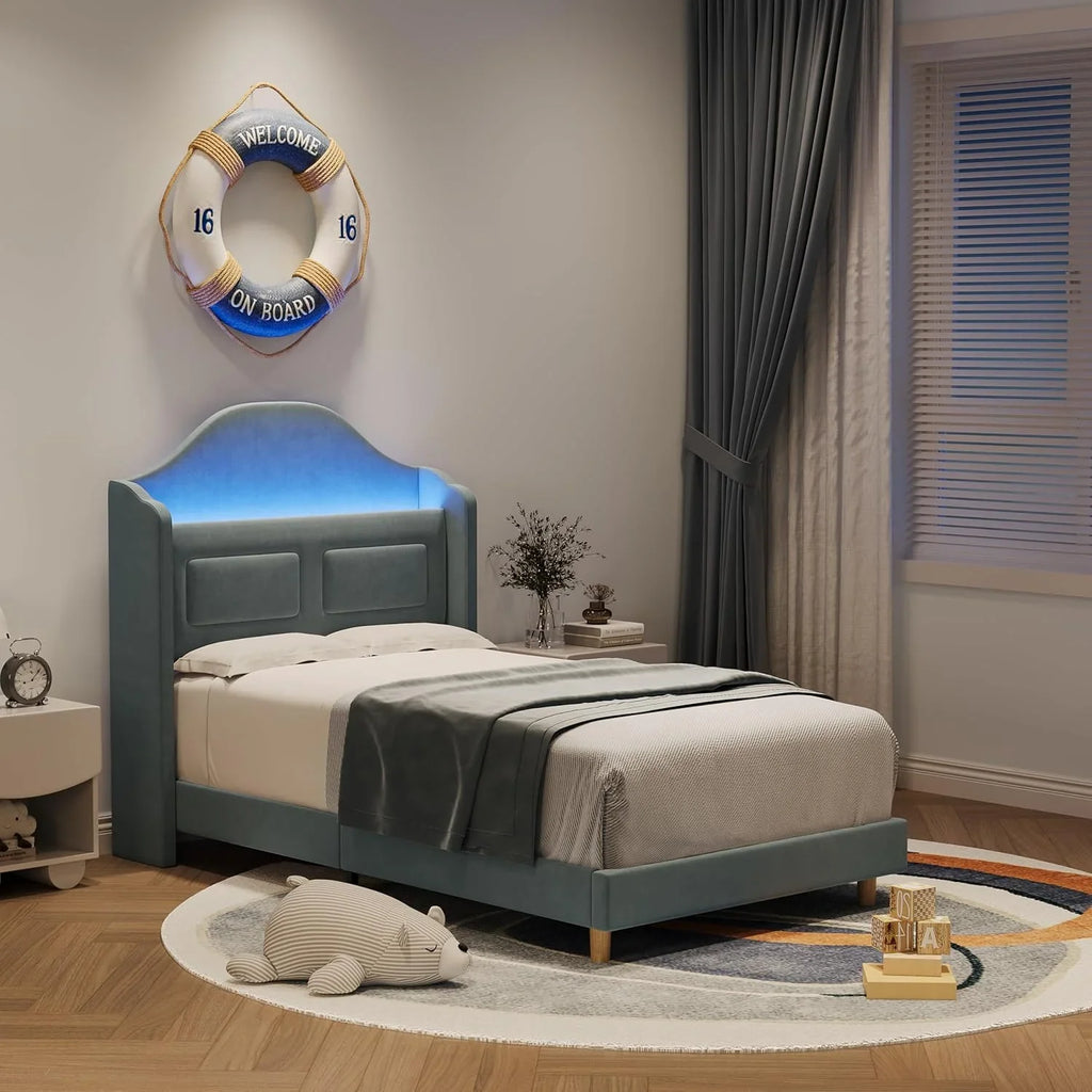 BouPower Twin Size Bed Frame with LED Lights,Platform Bed with Wing Back Storage Headboard,Upholstered Twin Bed,No Box Spring Needed,Easy Assembly