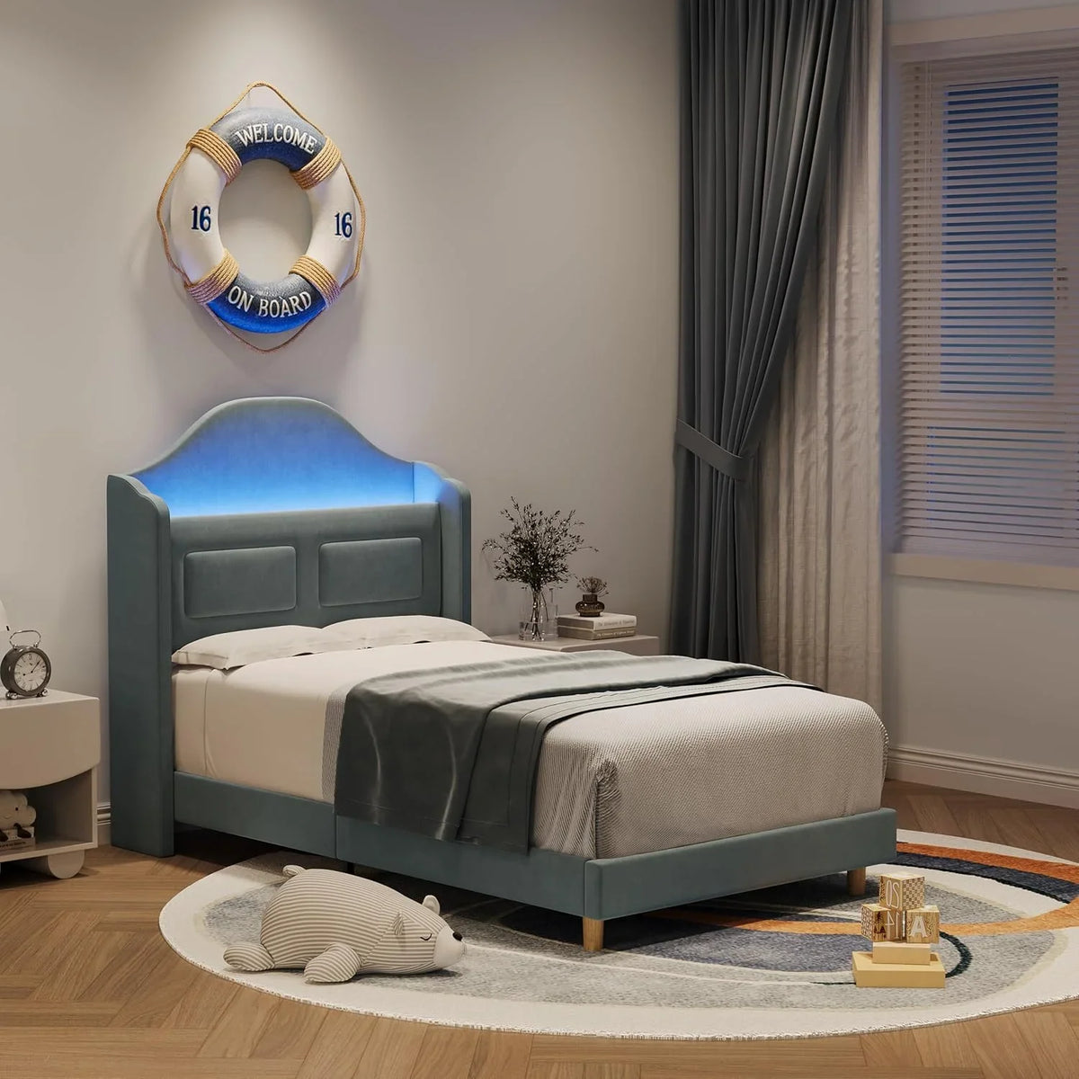 BouPower Twin Size Bed Frame with LED Lights,Platform Bed with Wing Back Storage Headboard,Upholstered Twin Bed,No Box Spring Needed,Easy Assembly