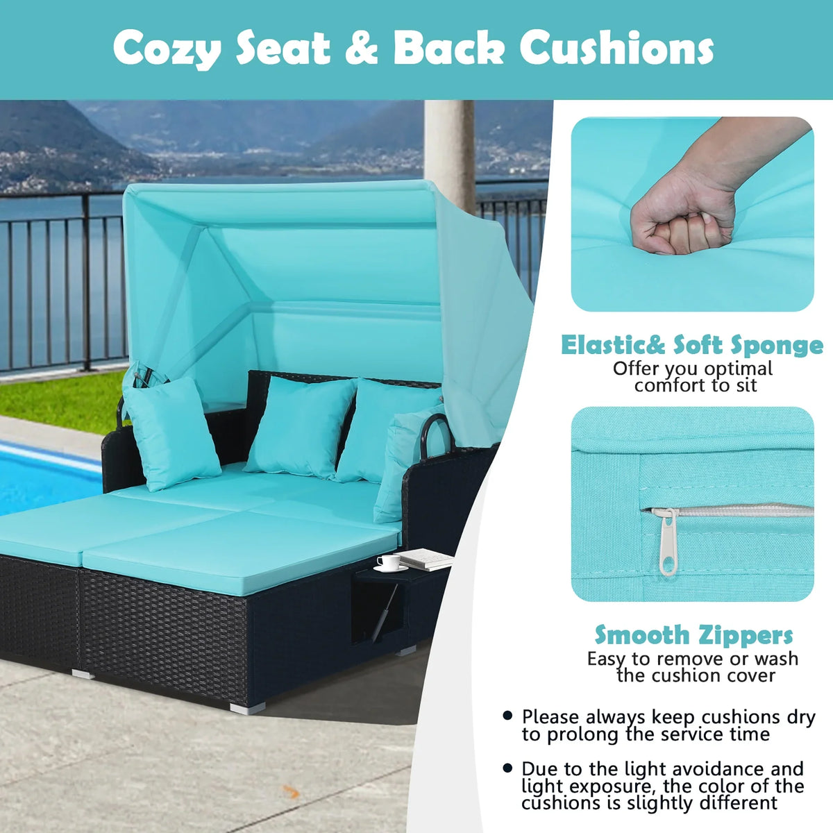 Costway Patio Rattan Daybed Lounge Retractable Top Canopy Side Tables Cushions Red