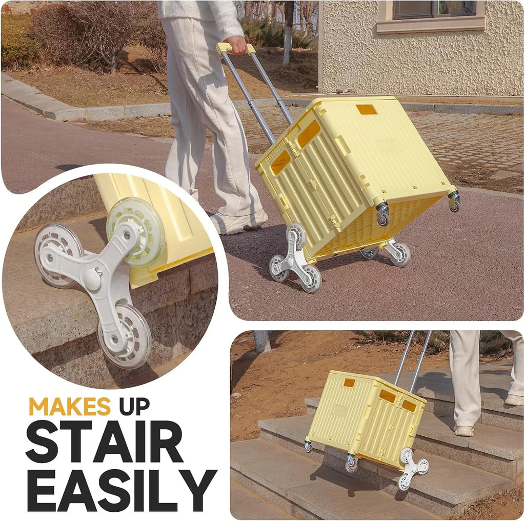 Collapsible Rolling Crate for Stair Climbing: Rolling Cart for Shopping Teacher Laundry (Milky White)