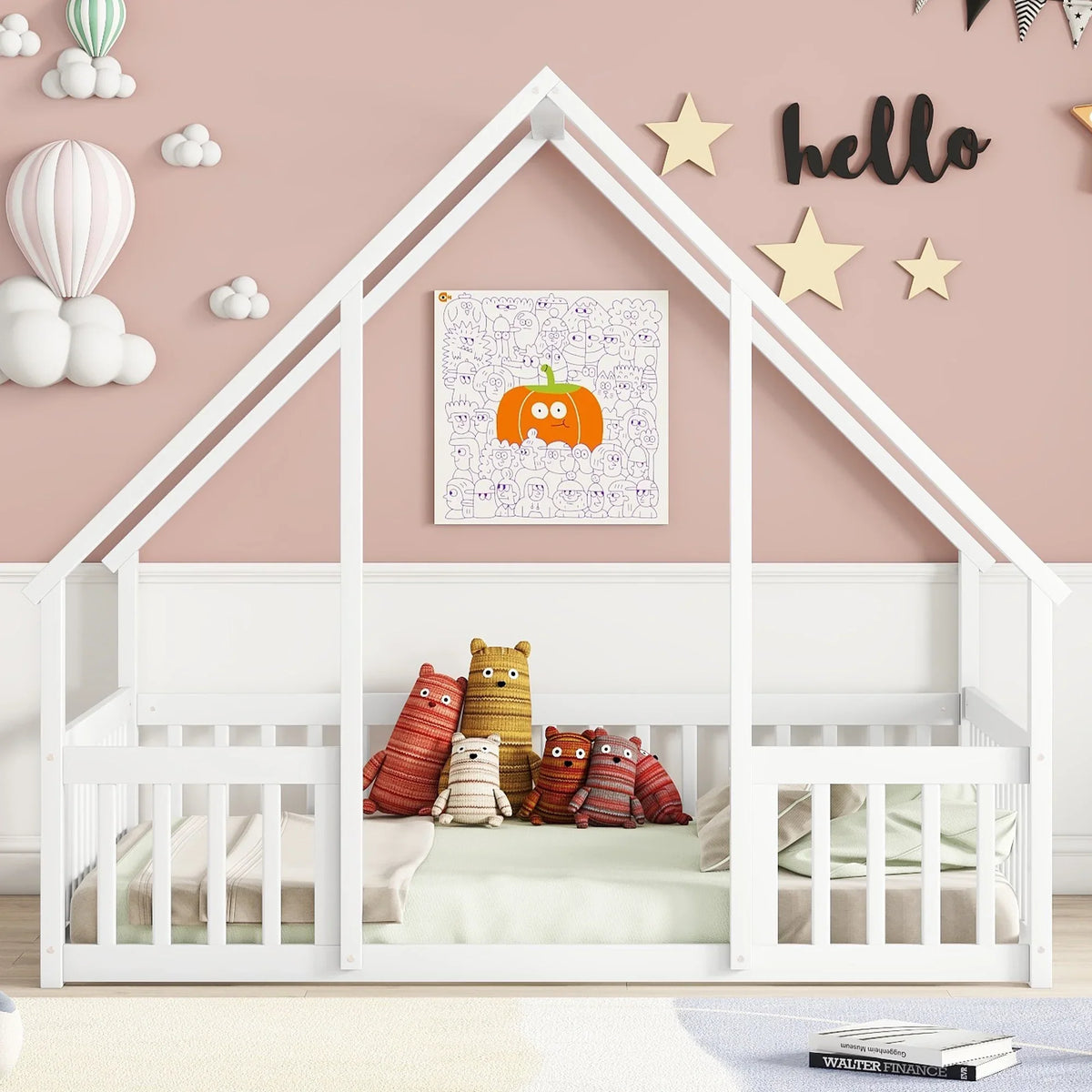 Bellemave Twin Size Floor Bed Frame, Wooden House Bed Twin Size with Fence, Montessori Bed with Guardrails for Bedroom (White)