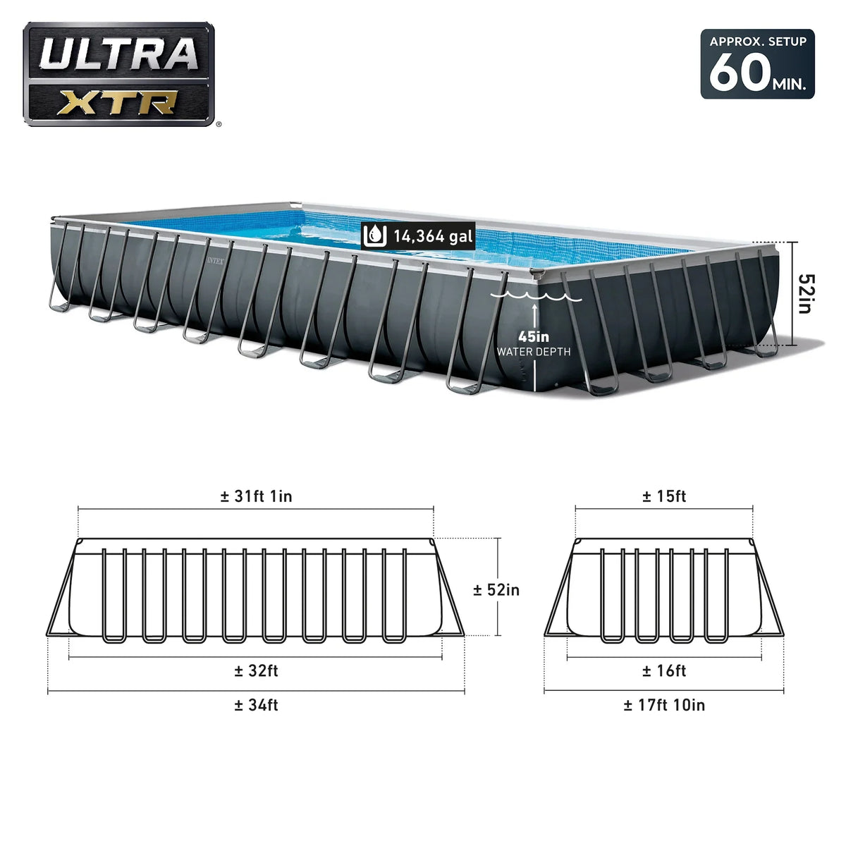 Open Box Intex 32 Ft x 16 Ft x 52 Inch Ultra XTR Rectangular Pool Set w/ Pump