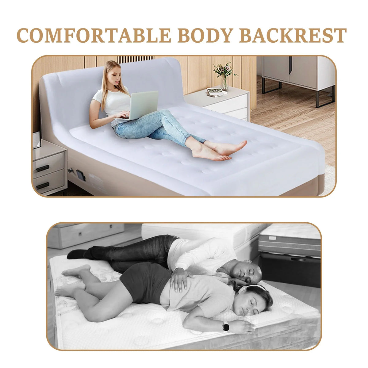 Luxury Queen Air Mattress with Headboard,18" Velvet Inflatable Mattress,Built-in USB-C Electric Pump,Premium Comfort for Home, Guests & Travel(Khaki)