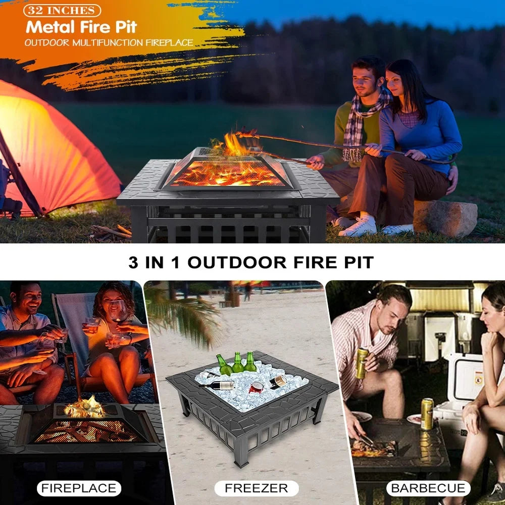 Wood Burning Fire Pits for Outside, 32" Square Iron Fire Pit Backyard Patio Garden Stove Wood Burning Fire Pit w/ Mesh Screen Lid, Wood Grate, Poker, Durable Fire Pit, Q5946