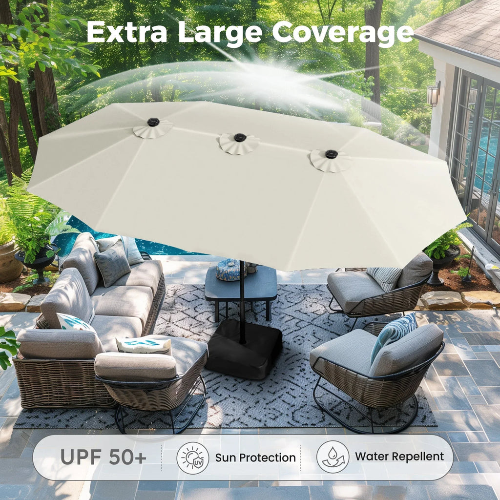 Alpha Joy 15ft Extra Large Outdoor Patio Double-Sided Umbrella with LED Solar Lights & Umbrella Base, Beige