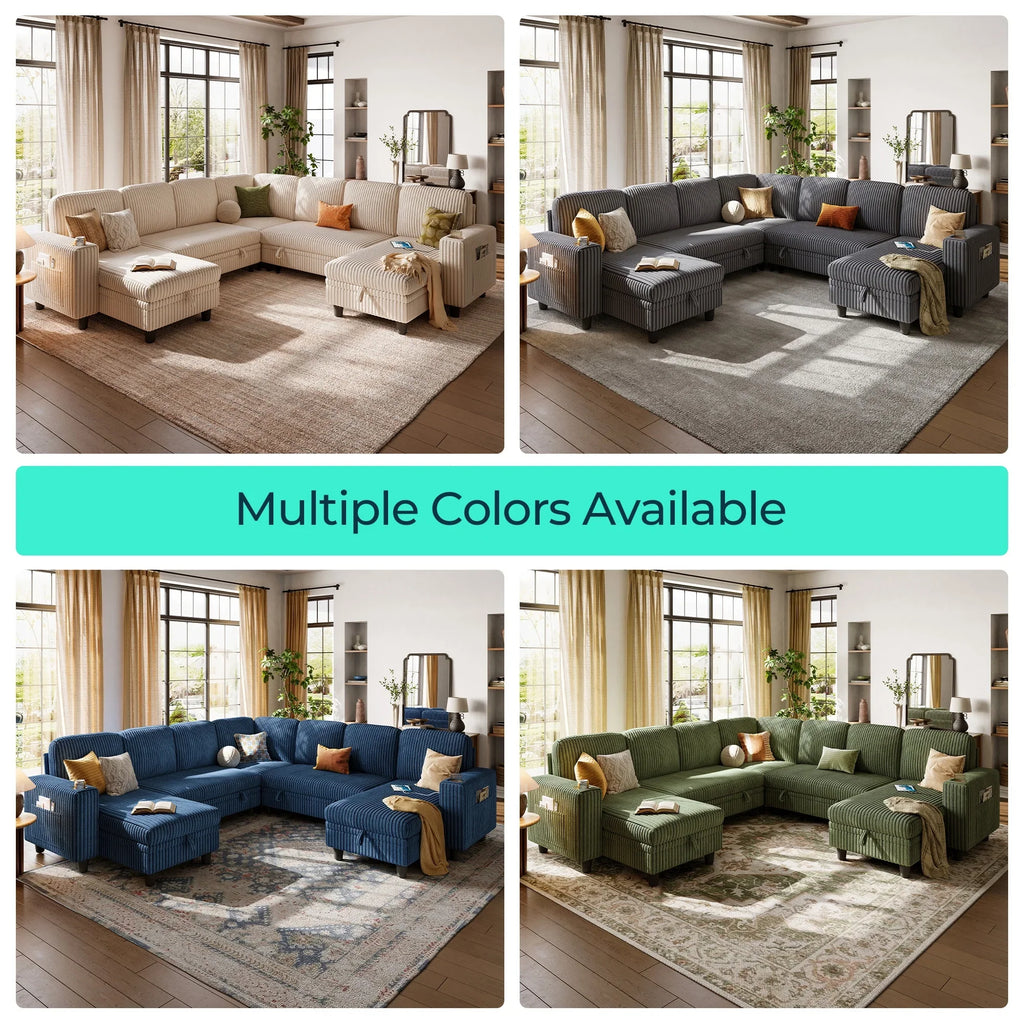 Linsy Home Storage Sectional Sleeper Sofa with Pull Out Bed, 9 Seat Modular Sectional Sofa with with USB & Cup Holder, Plush Corduroy Sectional Couches for Living Room, Green