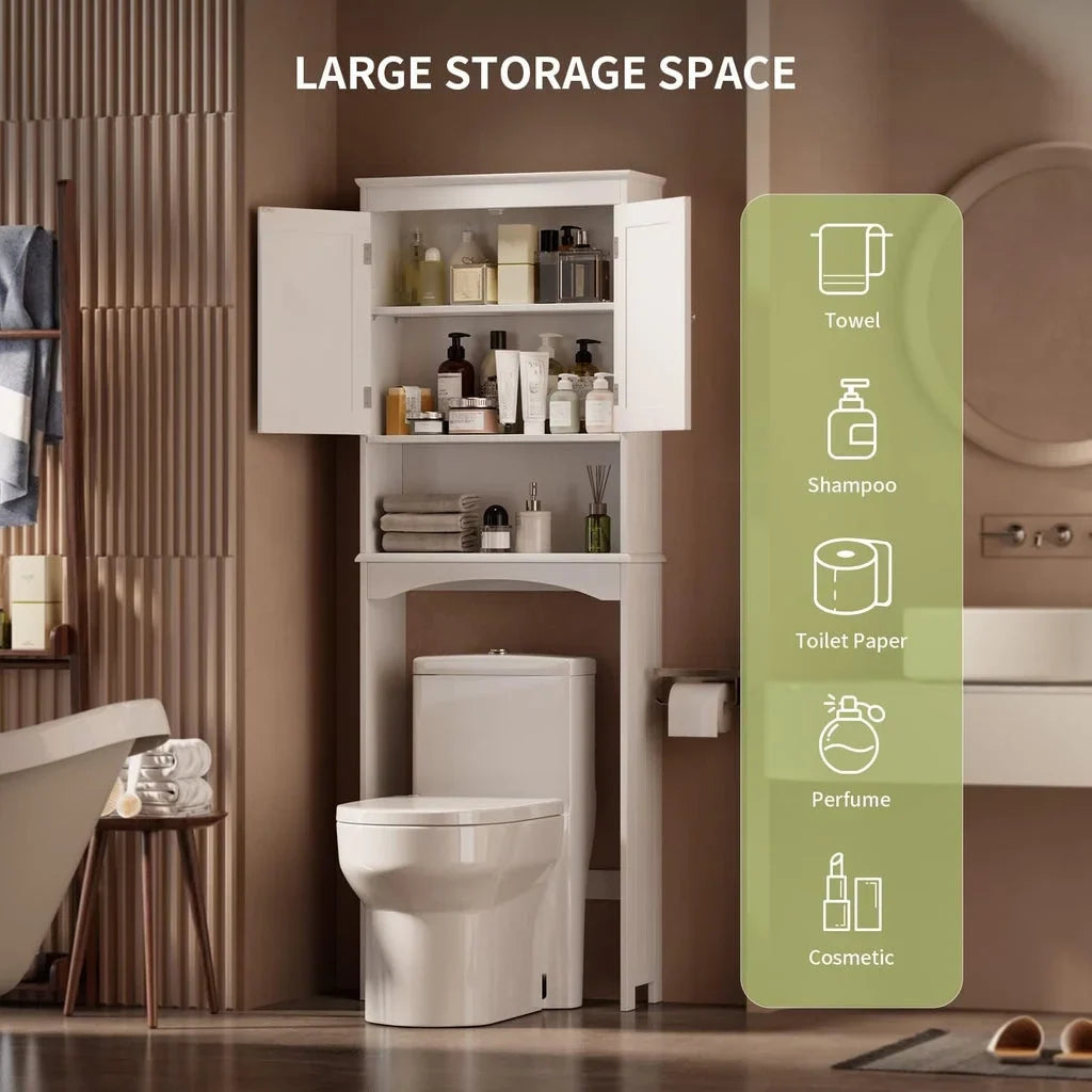 Aiho 66.1" over the Toilet Storage Cabinet with Adjustable Shelf and Open Storage Shelf, Freestanding - White