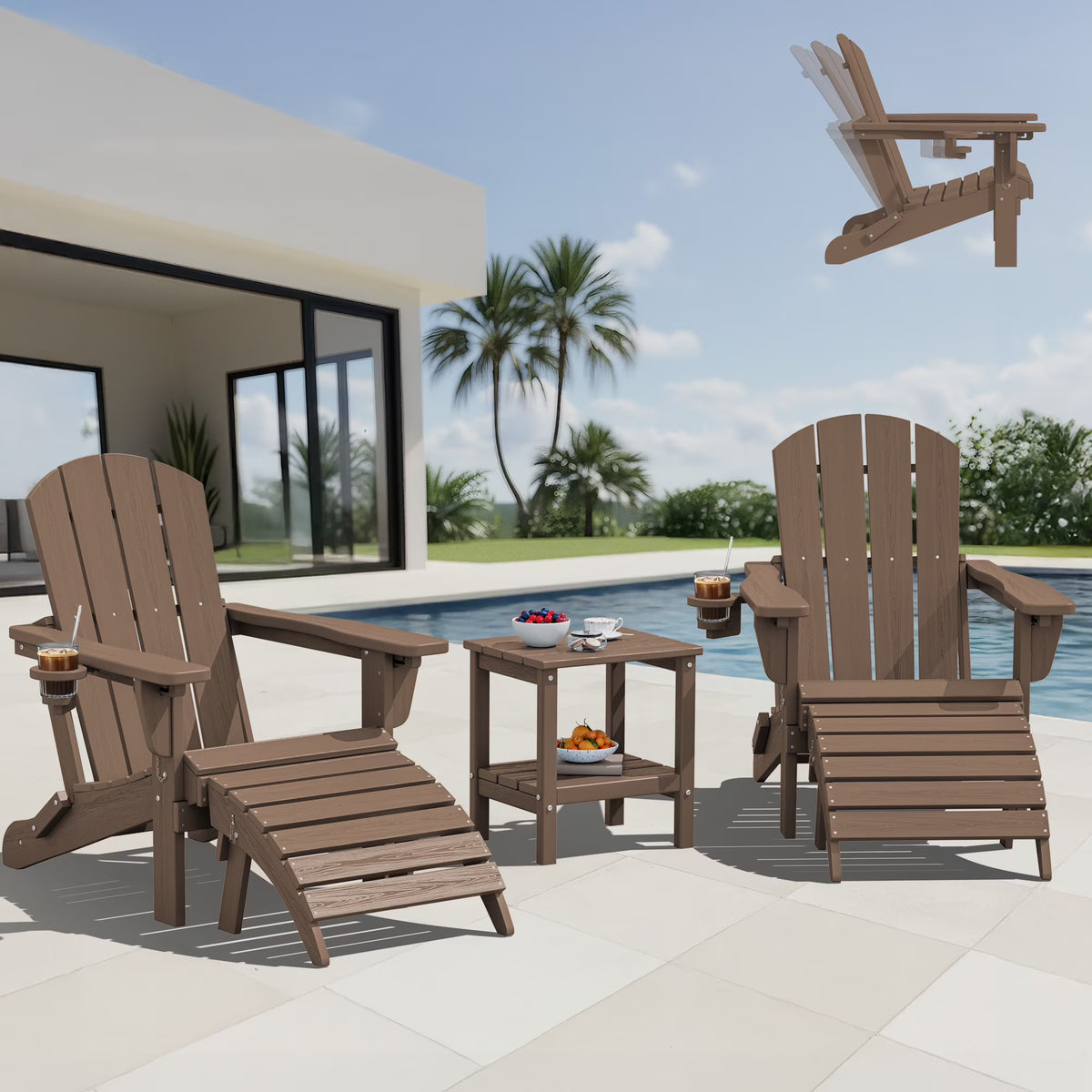 SERWALL Outdoor Adjustable Folding HDPE Adirondack Chairs Set of 2 with Cup Holder, Gray