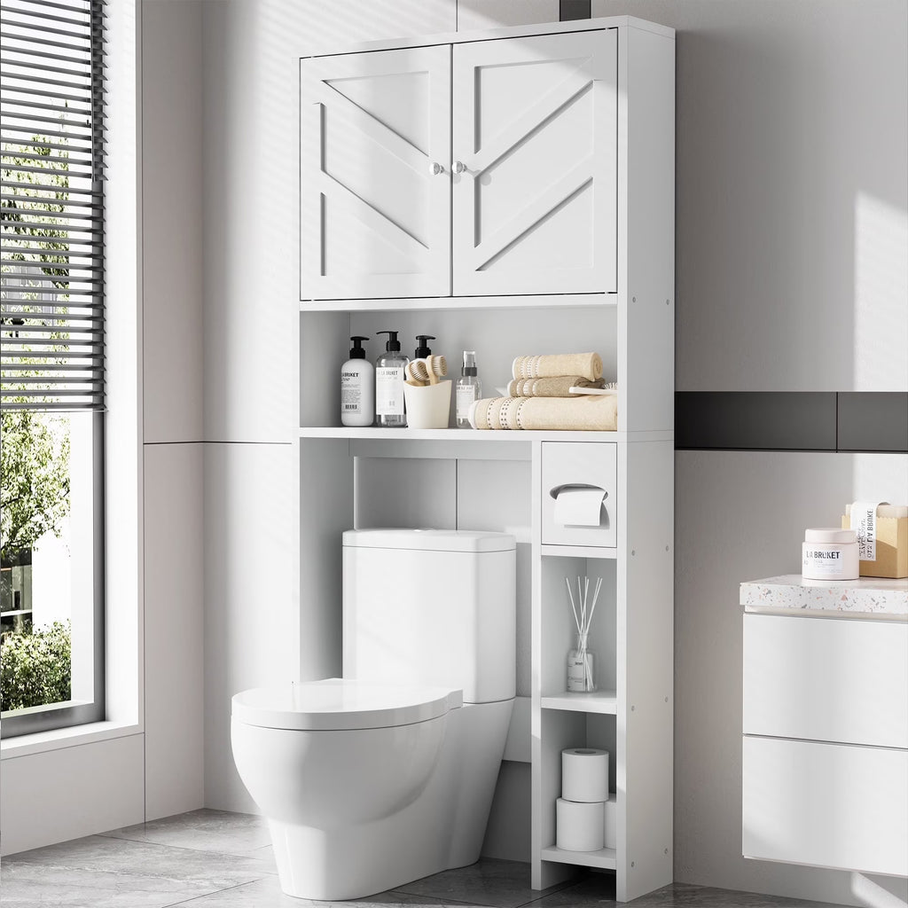 Walsunny Over the Toilet Storage Cabinet with Doors Side Storage Toilet Paper Holder Stand Space Saver Shelf Organizer Rack Freestanding for Restroom Bathroom Laundry Gray