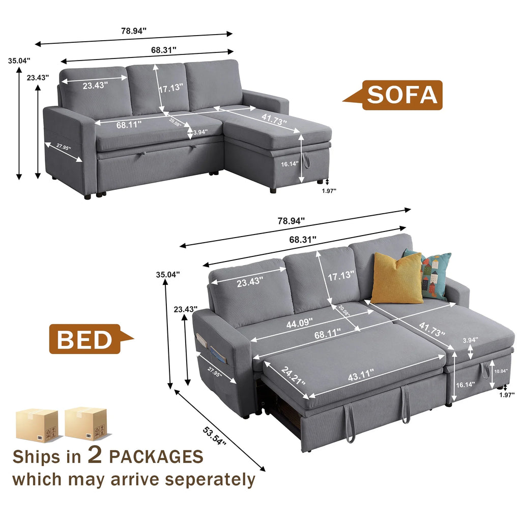 Pingliang Home Pull Out Sleeper Sofa Bed Sectional Sofa with Storage Chaise,L Shaped Sectionals Couches with Side Pockets,Modern Linen Reversible Sofa Couch for Living Room Apartment Office Studio
