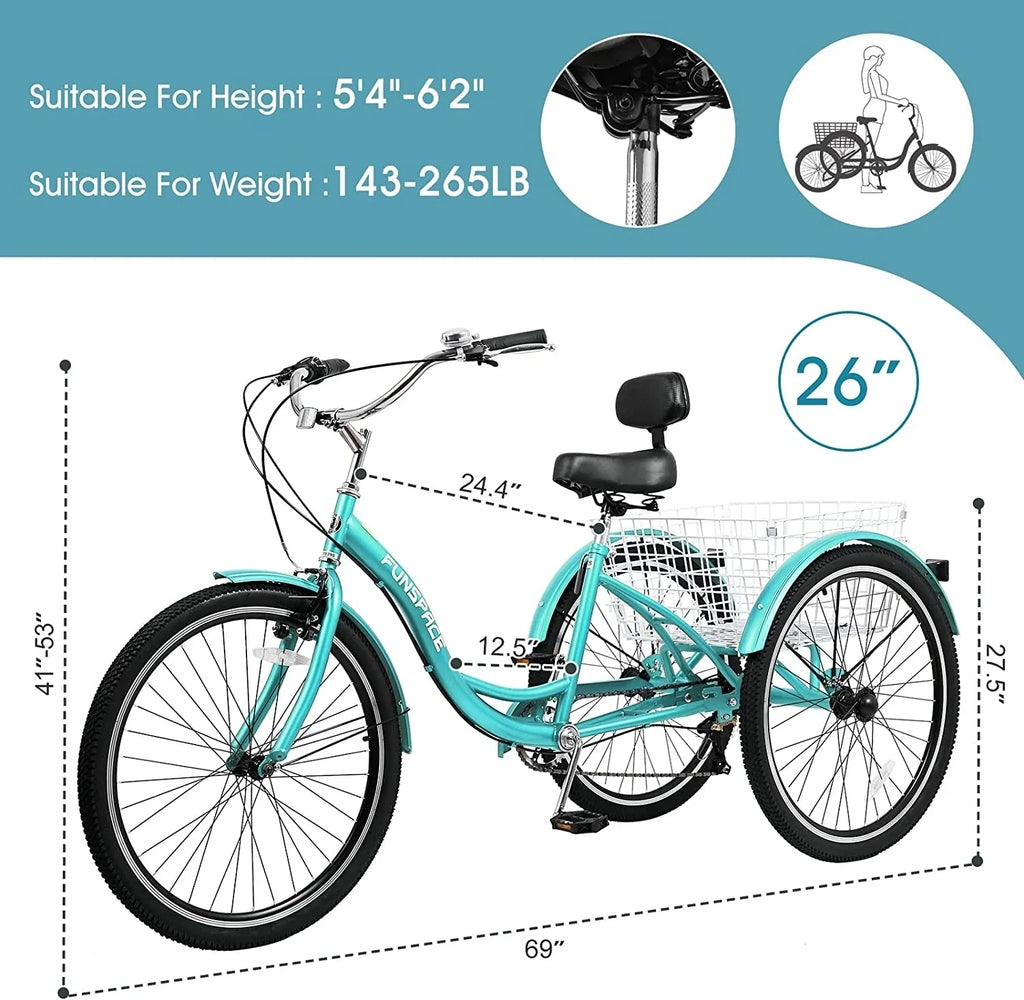 MOONCOOL Adult Tricycles with Rear Basket & Inflator, 24 26 inch 7 Speed 3 Wheel Bikes, Three-Wheeled Bicycles Adult Trike with Backrest for Seniors, Women, Men
