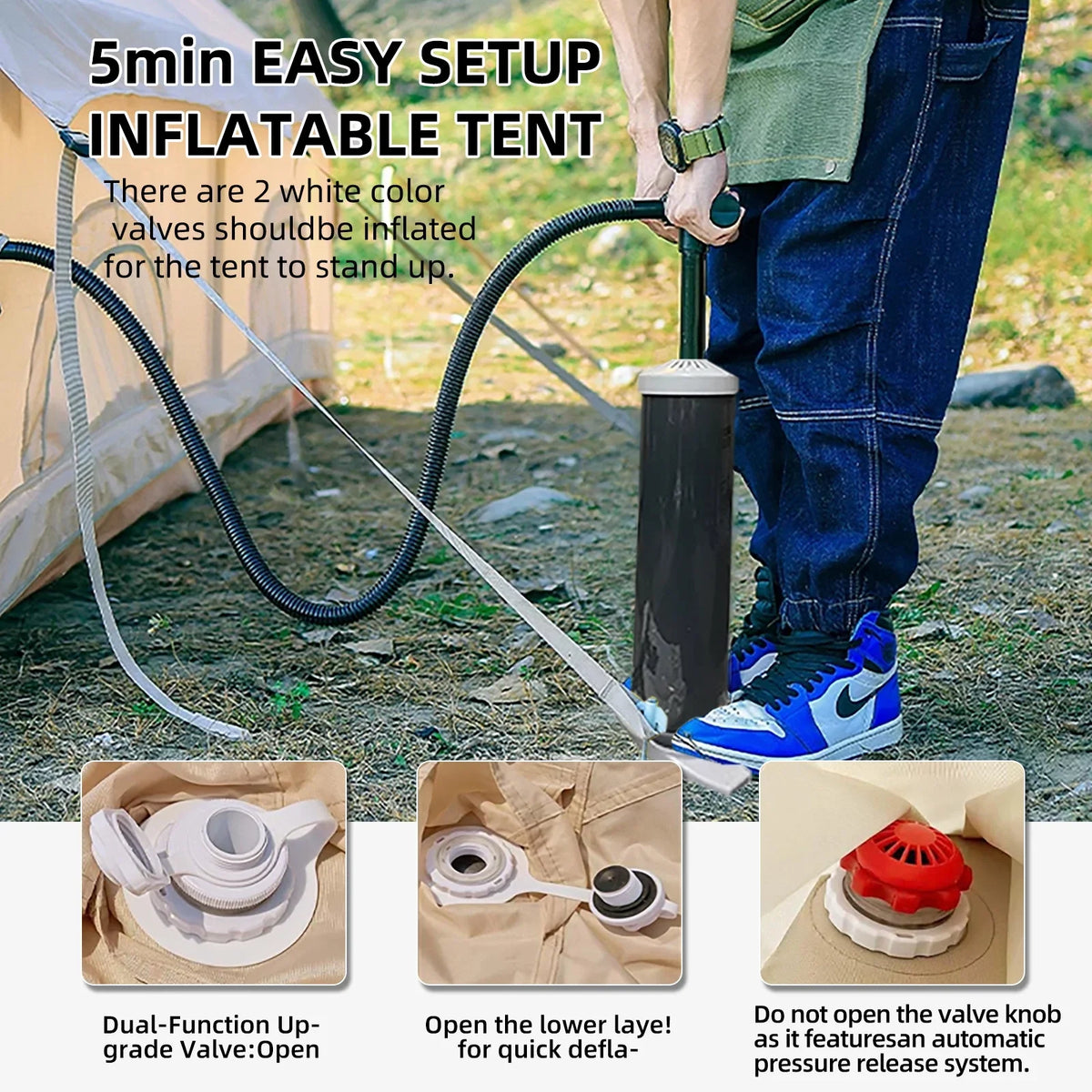 Inflatable Camping Tents 4/6/8/10 Person,129 Square Feets Large Blow up Tent with Stove Jack