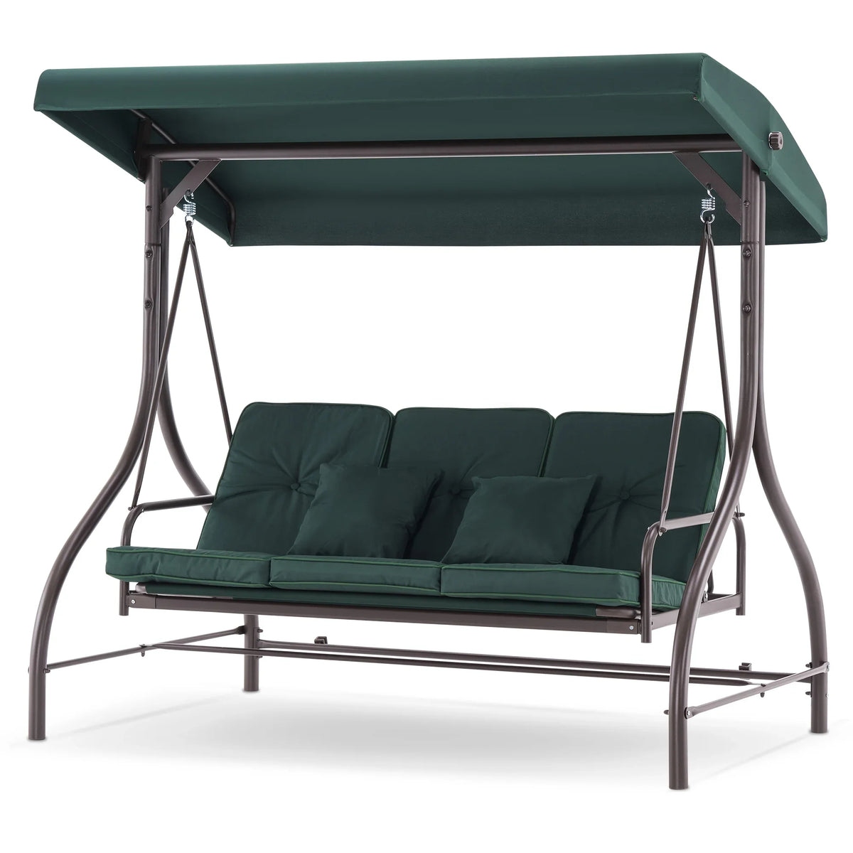 MCombo 3-Seat Outdoor Patio Swing Chair Cushioned with Adjustable Backrest and Canopy, Pillow, Brown