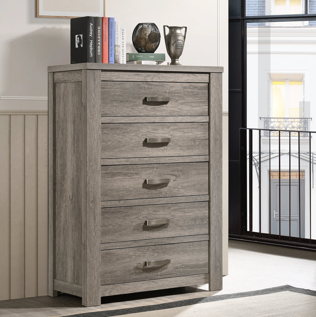 Roundhill Furniture Floren Transitional Bedroom Set, 5 Piece, Weathered Gray Wood