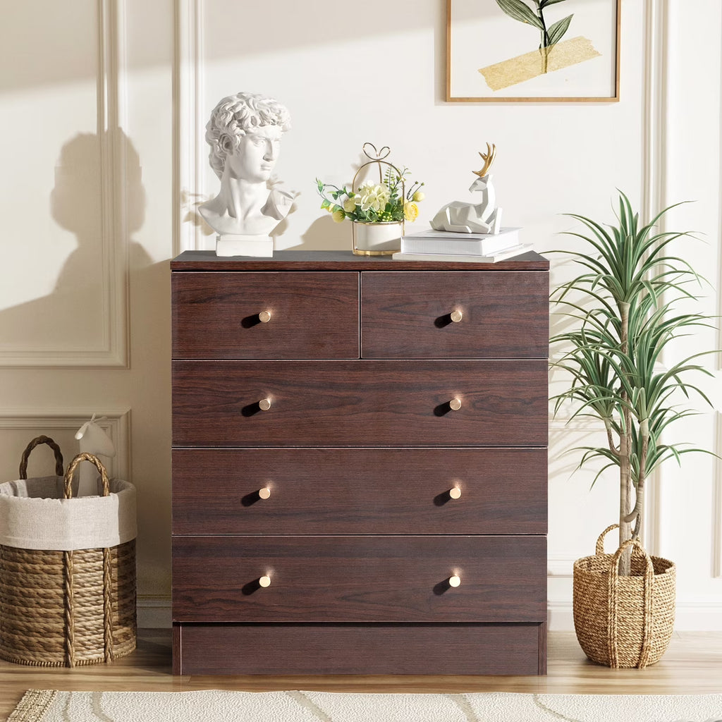LLToo 25.98"L Dresser for Bedroom 5 Drawer Wide Modern Chest of Drawers for Bedroom,Brown