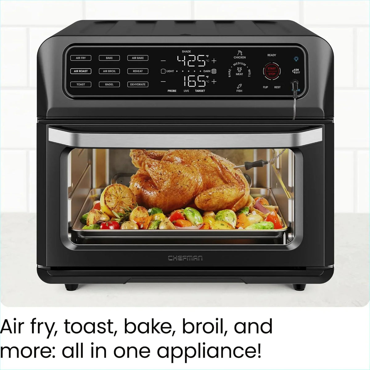 Chefman 12-in-1 Air Fryer Oven Combo w/ Probe Thermometer, 20 Qt Capacity - Black Stainless Steel, New
