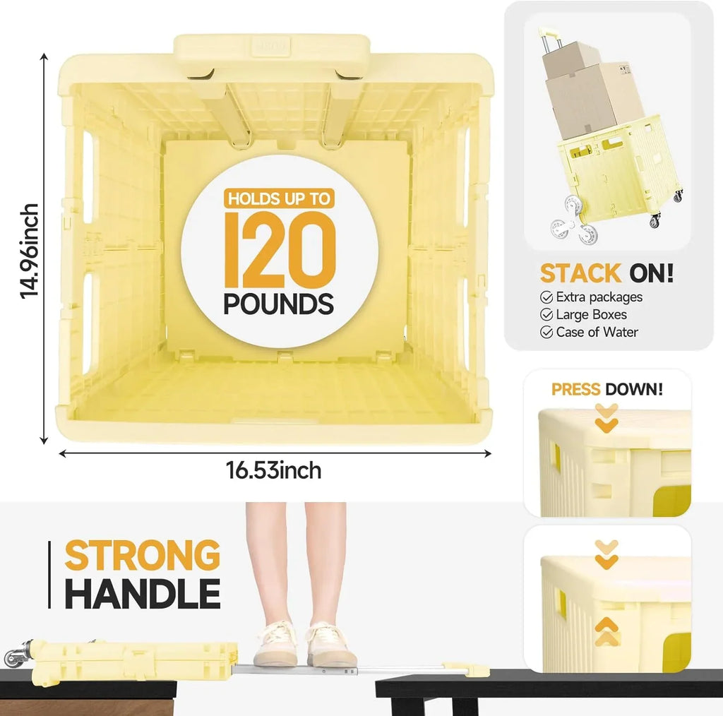 Collapsible Rolling Crate for Stair Climbing: Rolling Cart for Shopping Teacher Laundry (Milky White)