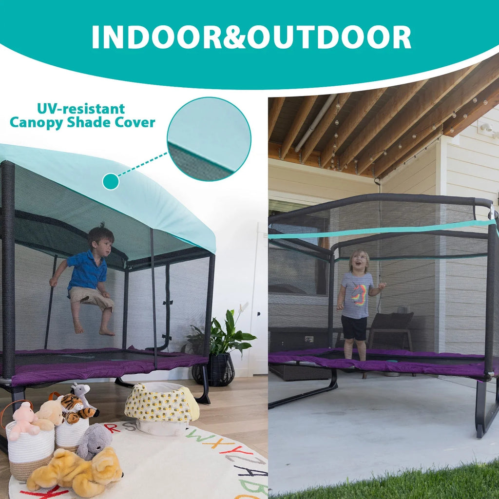 Skywalker Trampoline 6x4ft Rectangle Trampoline with Enclosure Net for Kids and Toddlers, up to 200 LB Safe and Stylish Design Blue and Purple
