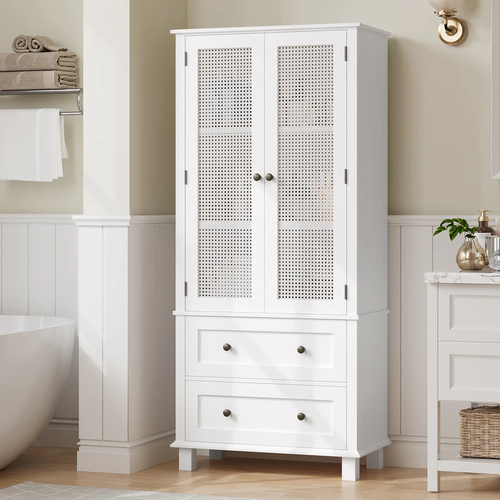 Homfa Bathroom Cabinet with Rattan Doors, Rattan Linen Storage Cabinet with 2 Drawers, Oak