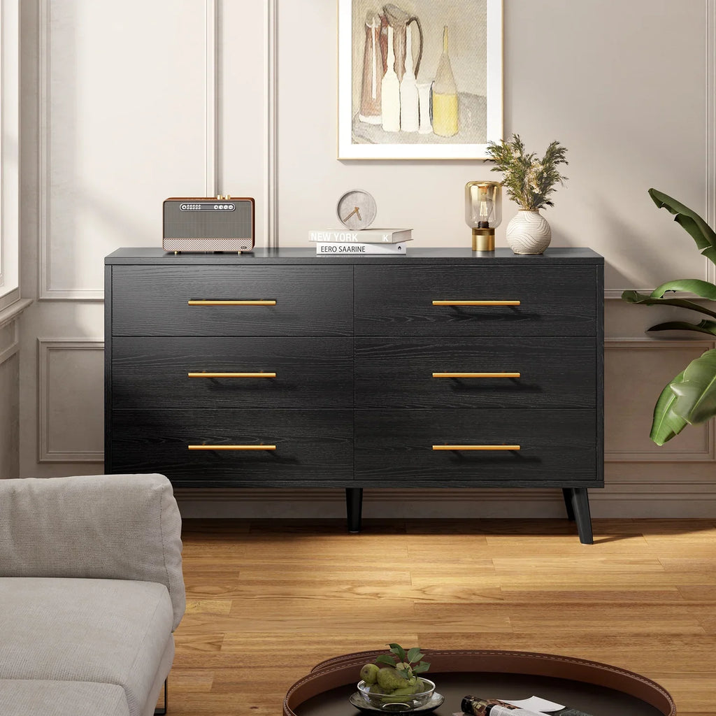 Noelse 3 Piece Bedroom Furniture Set, 6 Drawer Dresser with 2 Nightstands, Modern Wood Storage Organizer with Metal Handles for Bedroom, Living Room,Black