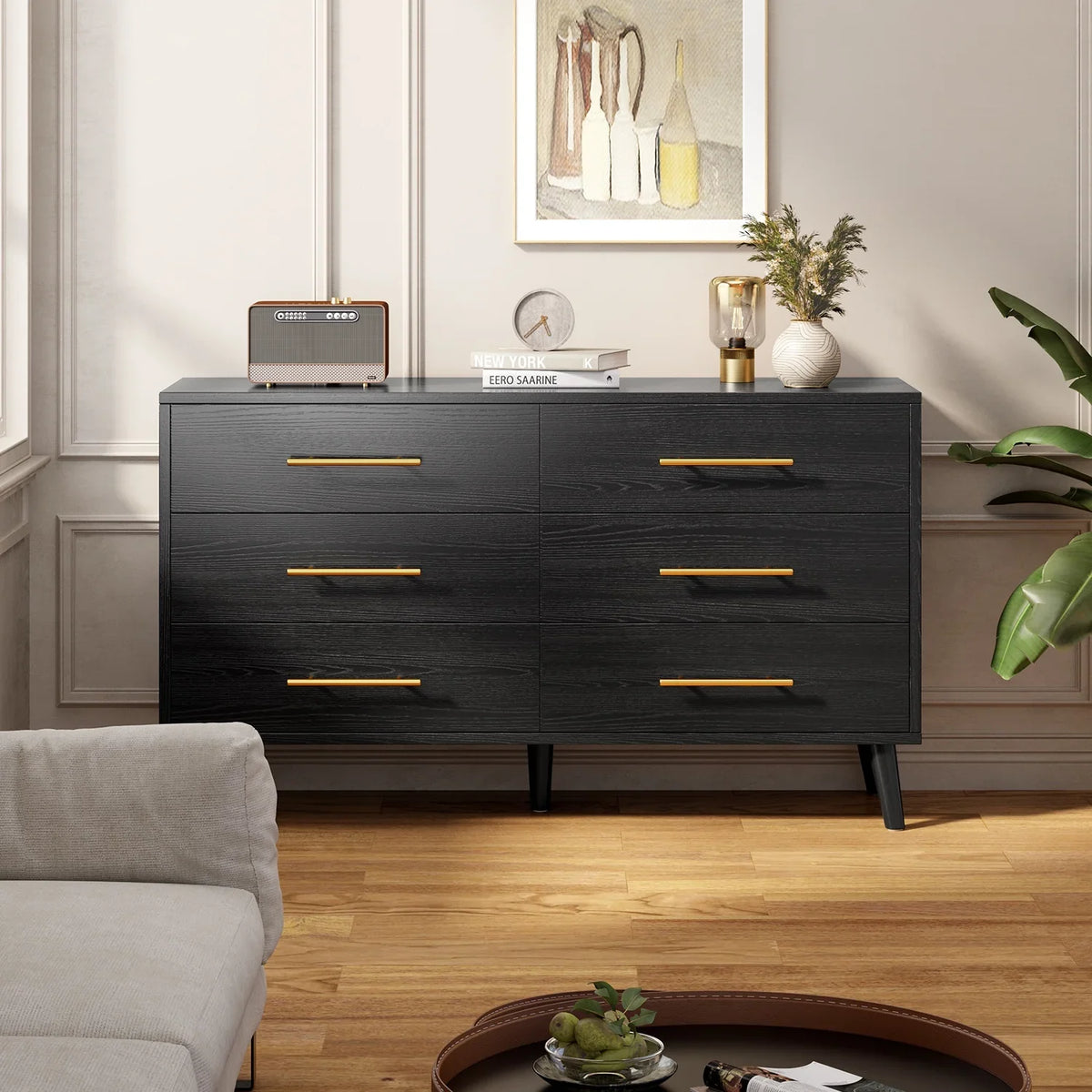 Noelse 3 Piece Bedroom Furniture Set, 6 Drawer Dresser with 2 Nightstands, Modern Wood Storage Organizer with Metal Handles for Bedroom, Living Room,Black