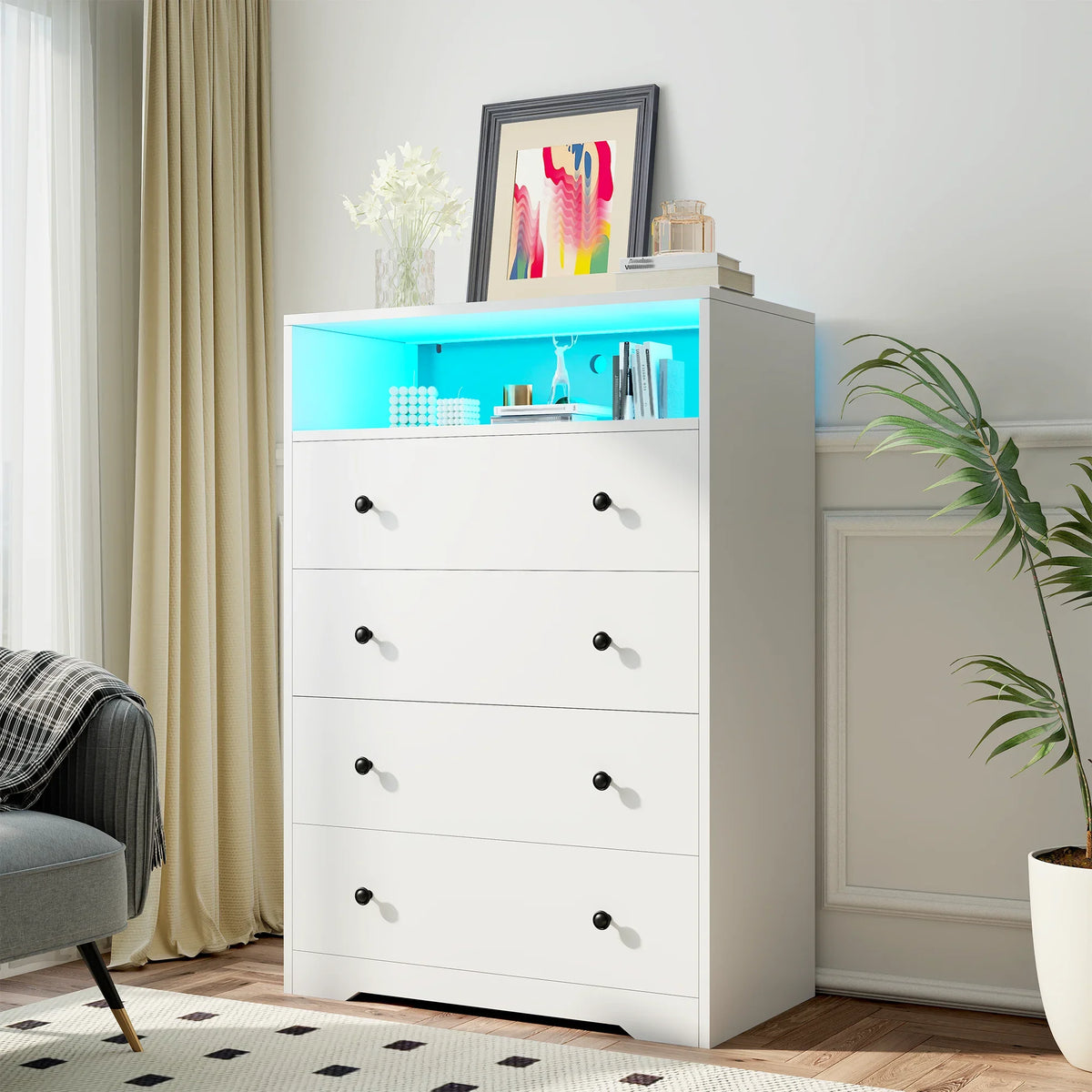 4-Drawer Black Wood Dresser with LED Lights,Modern Chest of Drawers for Bedroom,Living Room