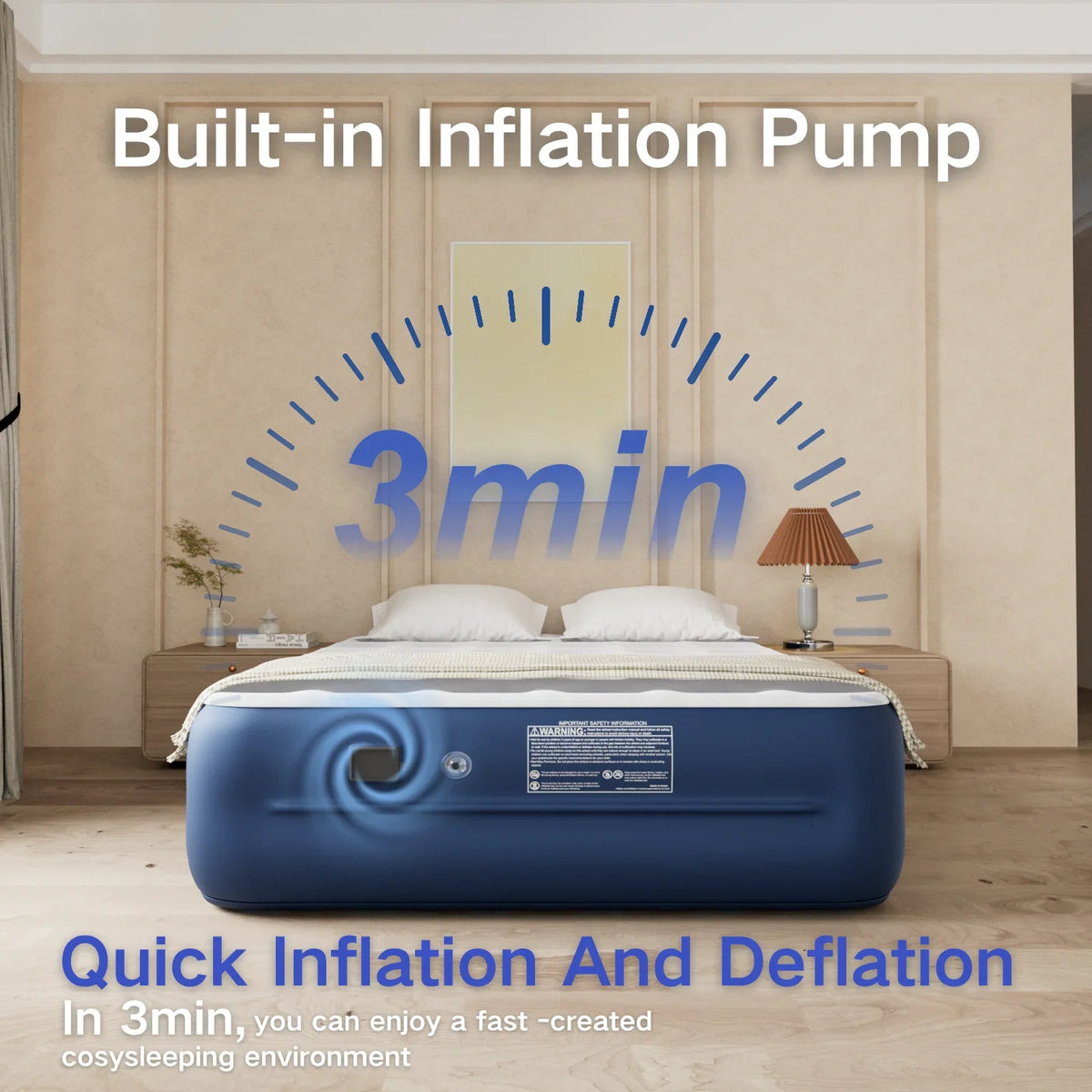 Luxury Queen Air Mattress with Built-In Battery Pump,Heavy-Duty Waterproof Veltex Surface for Indoor/Outdoor Use,Portable Inflatable Camping Bed & Guest Bed(Blue)