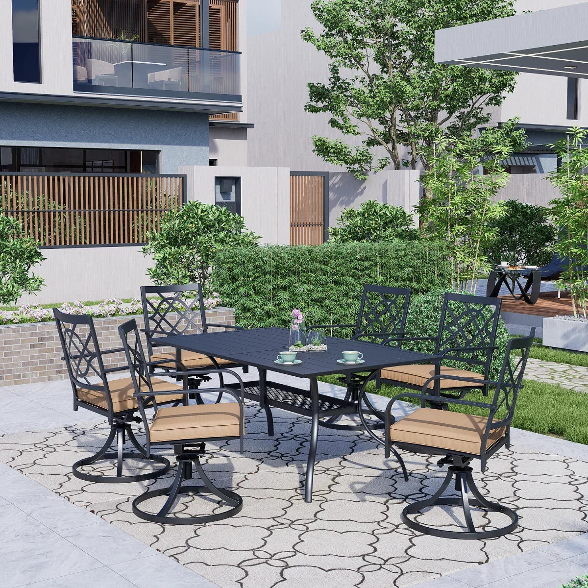 SUNCROWN 5-Piece Outdoor Wrought Iron Chairs and Table Patio Dining Furniture Set - 4 Stackable Metal Chairs, 1 Steel Slat Bistro Table and 1 Sky Blue 9Ft Patio Umbrella for Garden Backyard Deck