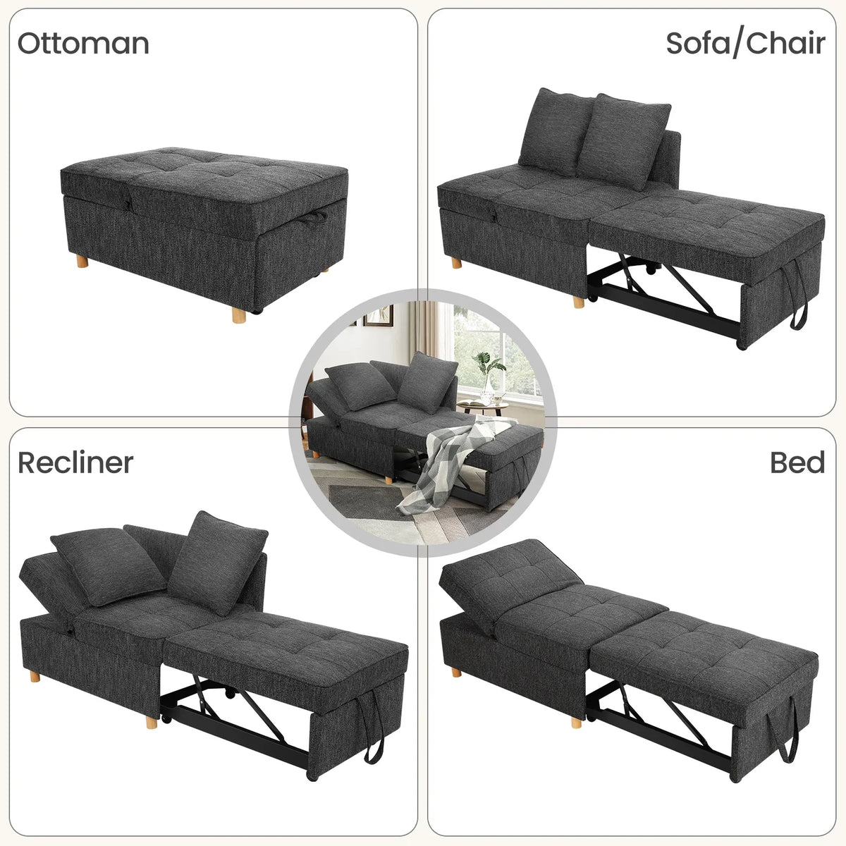 SEJOV 4-in-1 Convertible Sleeper Chair Bed, Linen Sofa Bed for Small Space, Futon Sofa with 2 Throw Pillows for Living Room, Single Recliner with 5 Adjustable Backrest for Bedroom Apartment, Brown