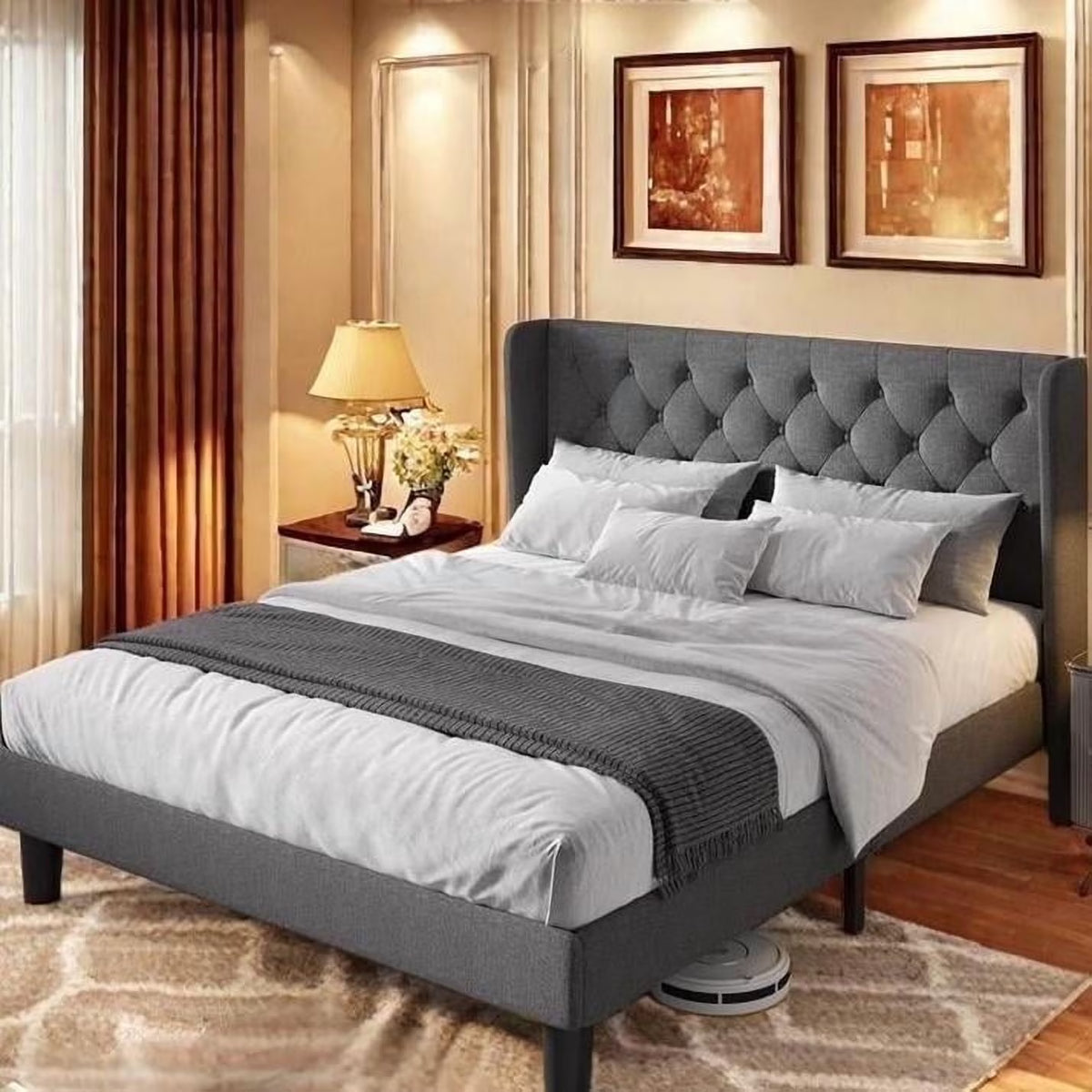 Full Size Bed Frame with Headboard, Under-Bed Storage, 850lbs, Beige