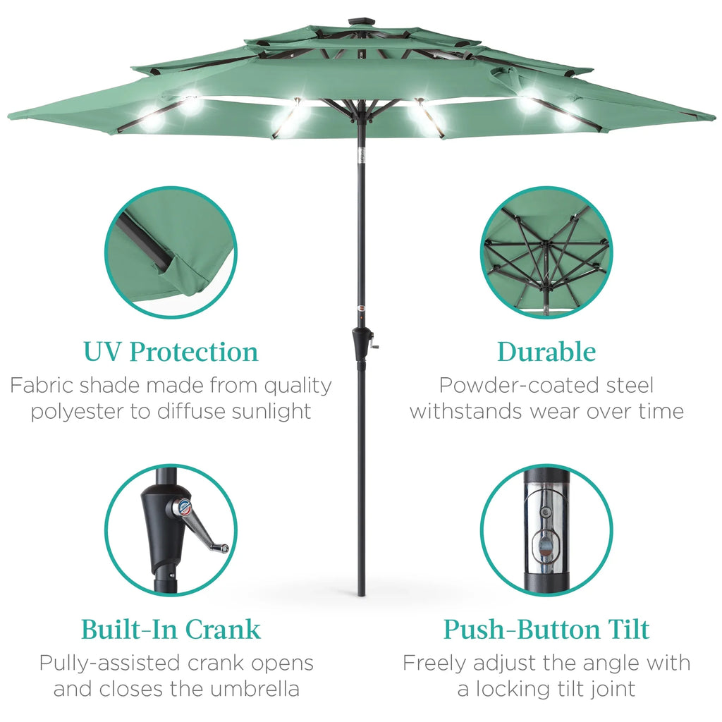 Best Choice Products 10ft 3-Tier Solar Patio Umbrella w/ 24 LED Lights, Tilt Adjustment, Easy Crank - Tan