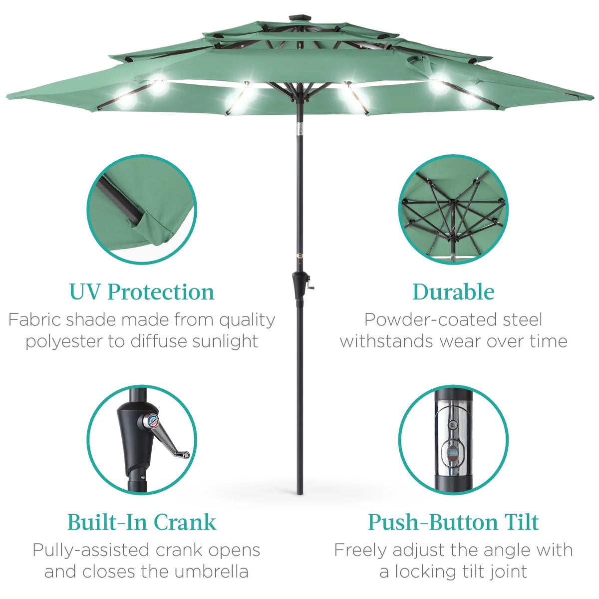 Best Choice Products 10ft 3-Tier Solar Patio Umbrella w/ 24 LED Lights, Tilt Adjustment, Easy Crank - Tan