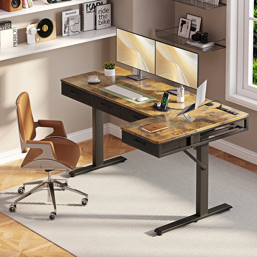 Electric Standing Desk with Drawers, 63 Inch Height Adjustable Desk with Power Outlets, Sit Stand Table, Writing Computer Desk for Home, Office, Workstation, Rustic Brown