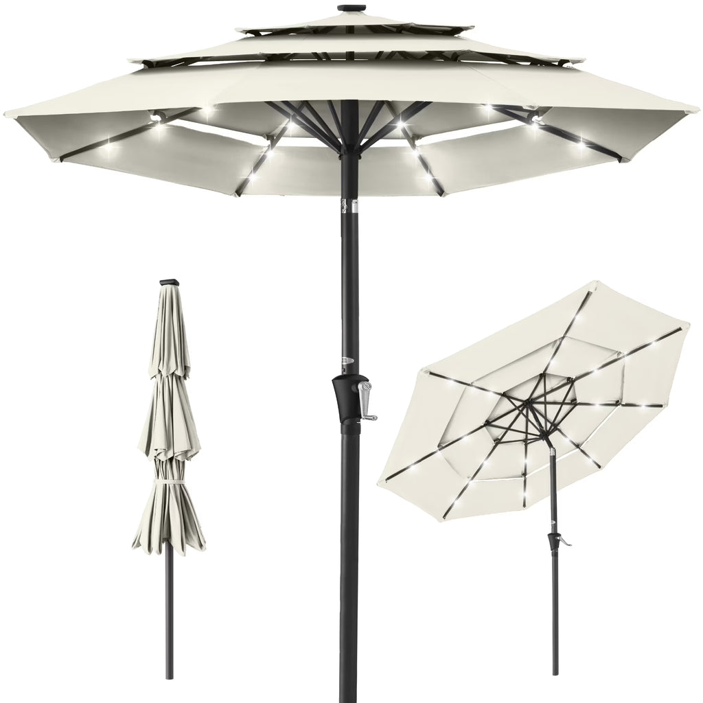 Best Choice Products 10ft 3-Tier Solar Patio Umbrella w/ 24 LED Lights, Tilt Adjustment, Easy Crank - Tan