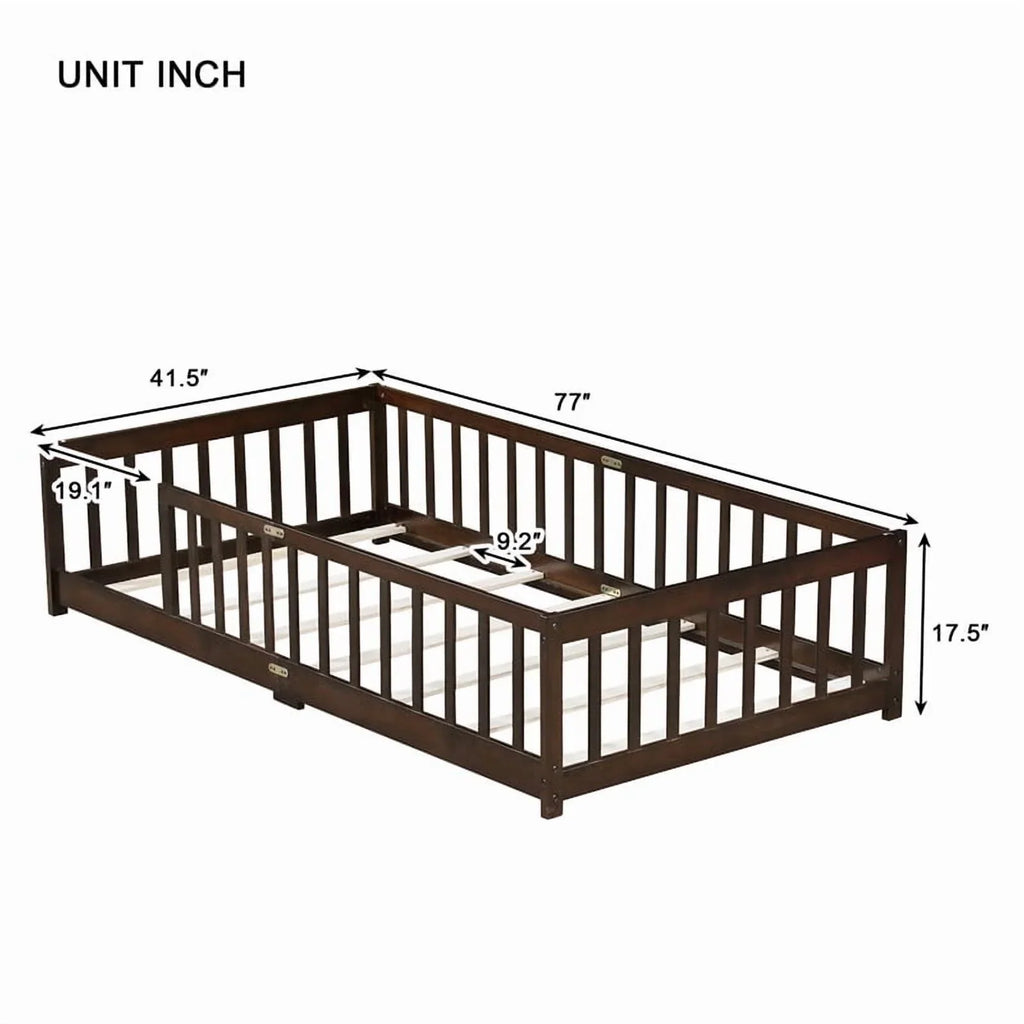Bellemave Twin Size Floor Beds, Wood Montessori Bed with Fence Railings & Support Slats, No Box Spring Needed (Gray"