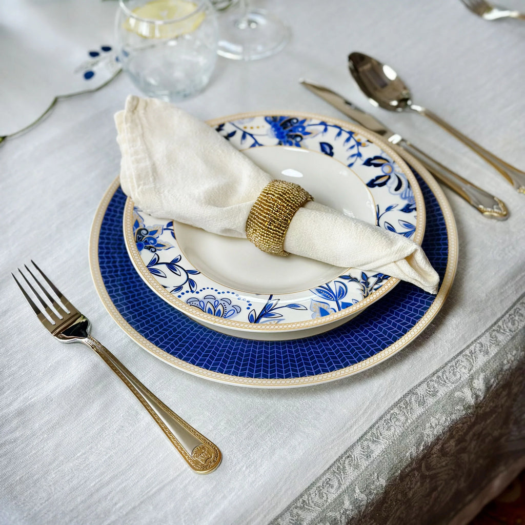 STP GOODS Melodie de Fleurs Bone China Dinnerware Set of 24 Service for 6 24-Piece Dish Set of Plates and Bowls, Blue Gold White