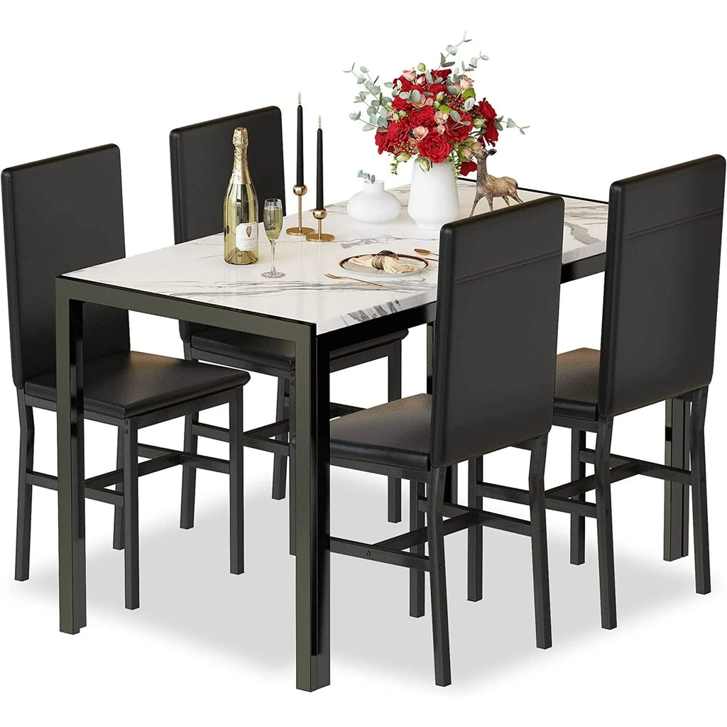 AWQM Dining Table Set of 4, Faux Marble 5 Piece Dining Room Table Set with PU Leather Chairs, Rectangular Kitchen Table Set for Apartment, Dining, White