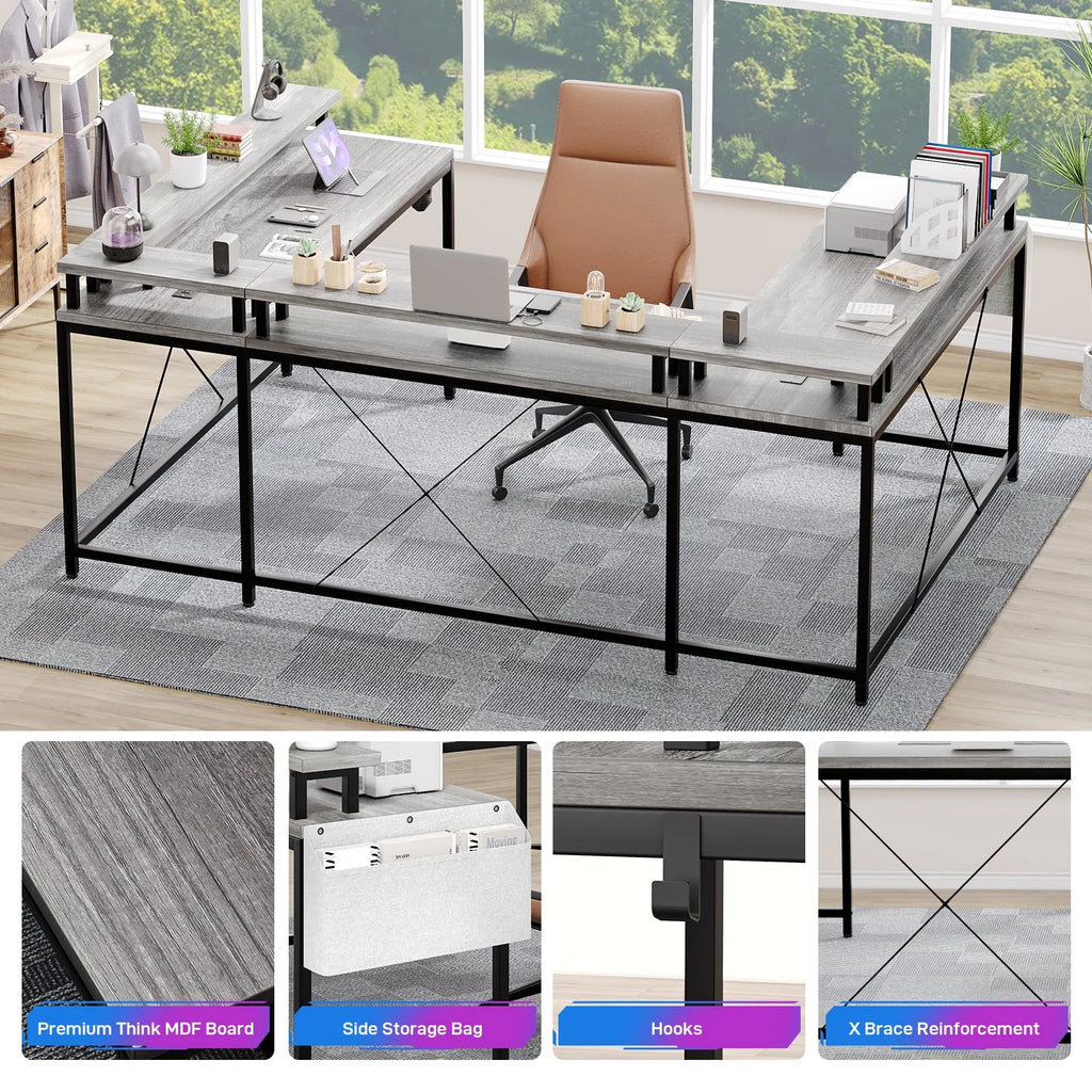 Yesfashion U Shaped Computer Gaming Desk, Reversible L Shaped Desk with Power Outlets, LED Strip & Monitor Stand, Large Corner Desk with Storage Shelves