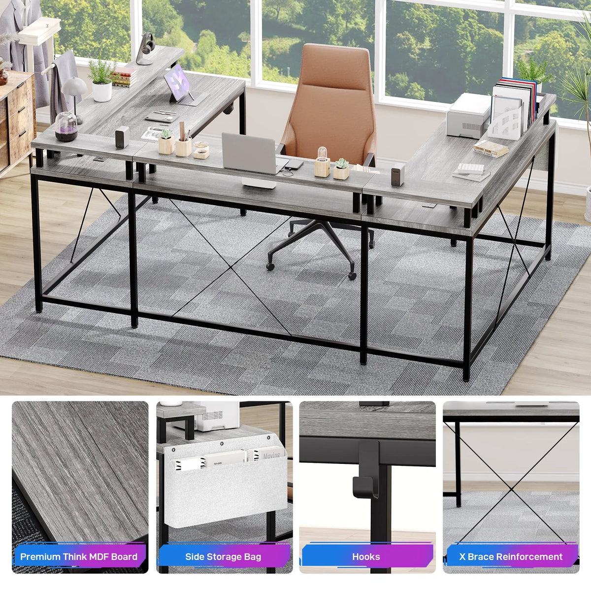 Yesfashion U Shaped Computer Gaming Desk, Reversible L Shaped Desk with Power Outlets, LED Strip & Monitor Stand, Large Corner Desk with Storage Shelves