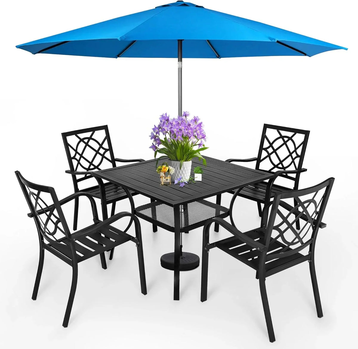 SUNCROWN 5-Piece Outdoor Wrought Iron Chairs and Table Patio Dining Furniture Set - 4 Stackable Metal Chairs, 1 Steel Slat Bistro Table and 1 Sky Blue 9Ft Patio Umbrella for Garden Backyard Deck