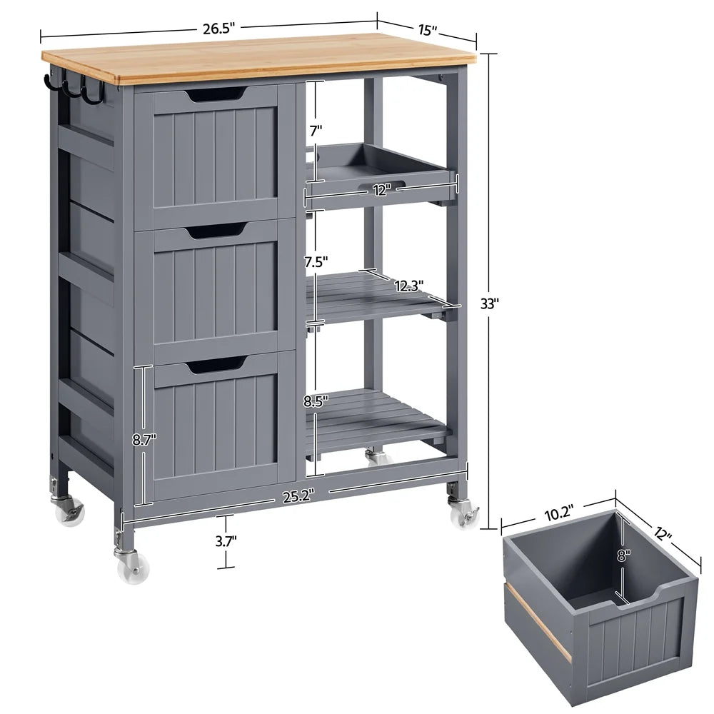 Alden Design 33" H Kitchen Storage Serving Cart for Kitchen Dining Room Bar, White