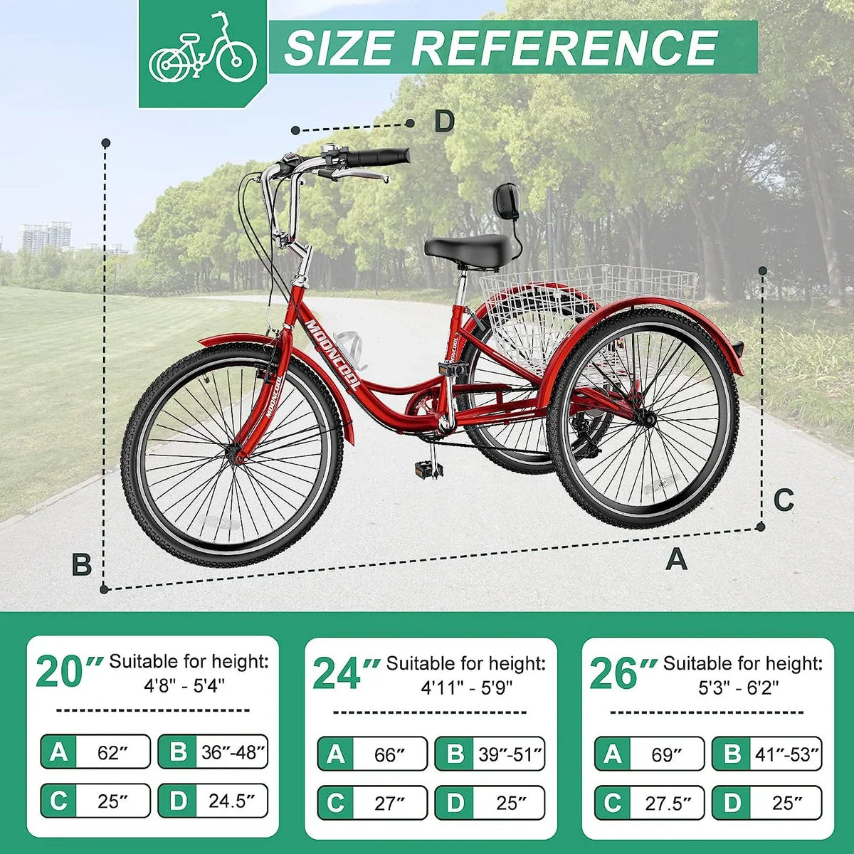 MOONCOOL Adult Tricycles with Rear Basket & Inflator, 24 26 inch 7 Speed 3 Wheel Bikes, Three-Wheeled Bicycles Adult Trike with Backrest for Seniors, Women, Men